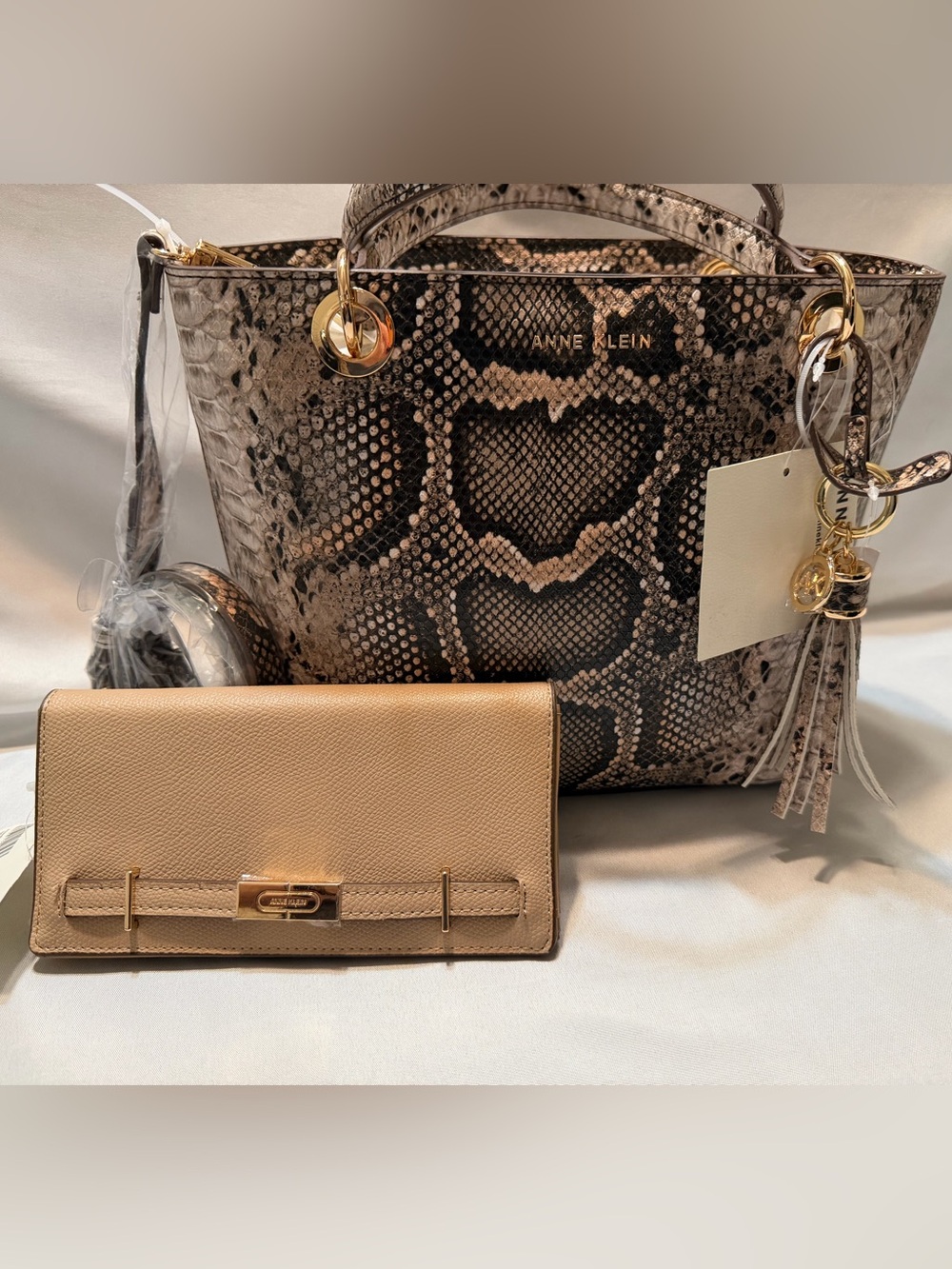 Anne Klein Neutral Snake-Print Tote with Beige Wallet